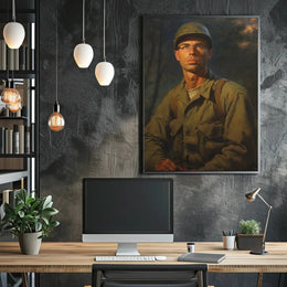 Reflective Soldier in Olive Greens WWII Poster PosterGoat