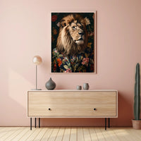 Regal Lion in Floral Suit: Artistic Animal Poster PosterGoat
