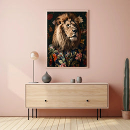 Regal Lion in Floral Suit: Artistic Animal Poster PosterGoat
