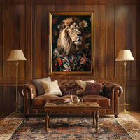 Regal Lion in Floral Suit: Artistic Animal Poster PosterGoat