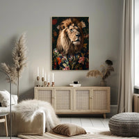 Regal Lion in Floral Suit: Artistic Animal Poster PosterGoat