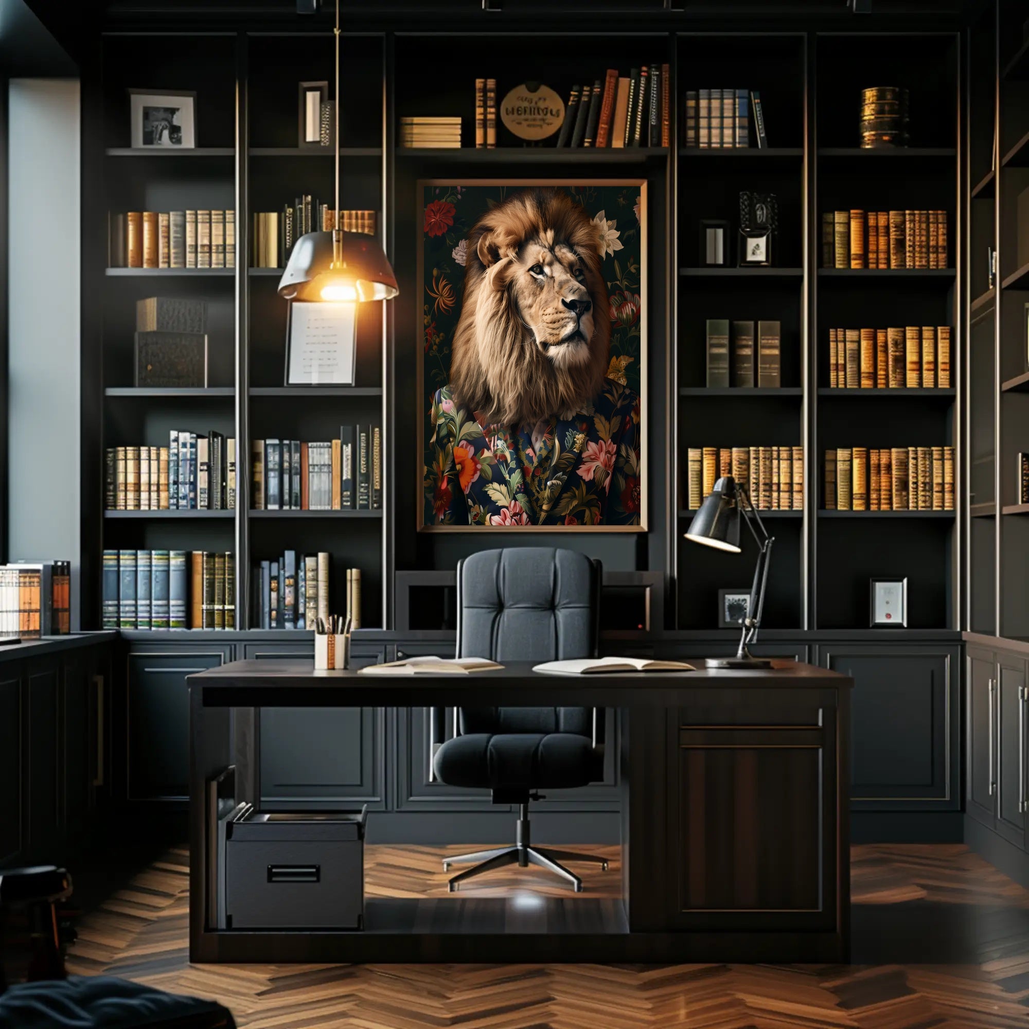 Regal Lion in Floral Suit: Artistic Animal Poster PosterGoat