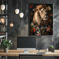 Regal Lion in Floral Suit: Artistic Animal Poster PosterGoat