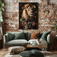 Regal Lion in Floral Suit: Artistic Animal Poster PosterGoat