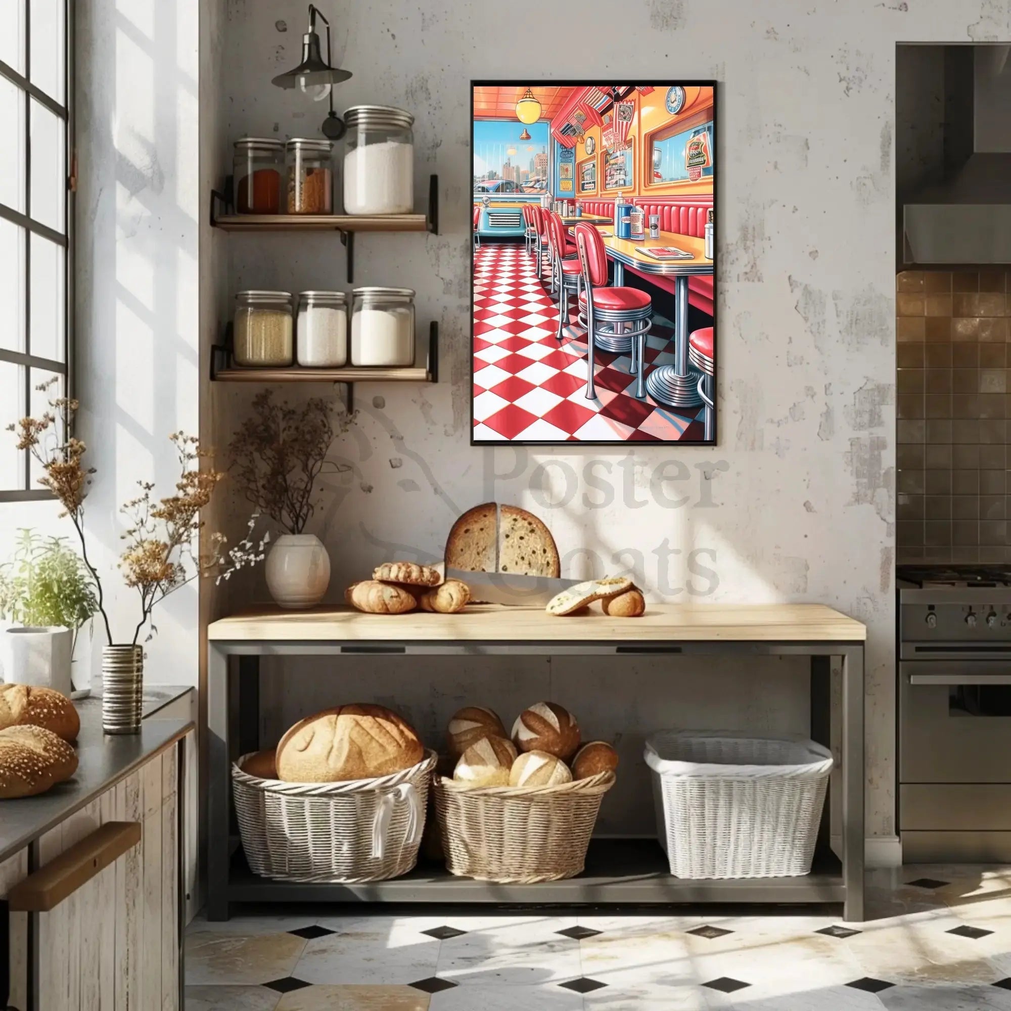 Retro American Diner Scene - Cultural or Heritage Poster PosterGoat