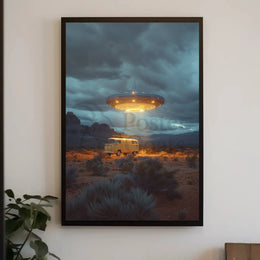 Retro Desert UFO Van Encounter Futuristic Sci-Fi Poster PosterGoat