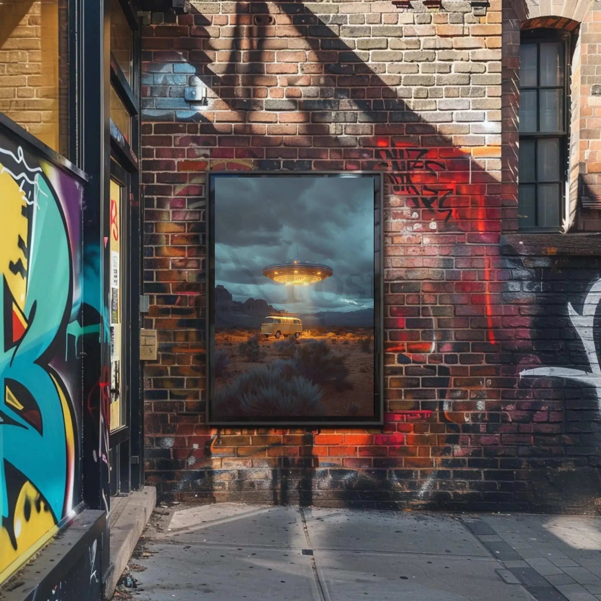 Retro Desert UFO Van Encounter Futuristic Sci-Fi Poster PosterGoat