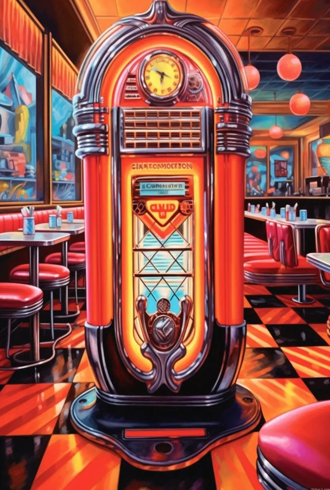 Retro Diner Jukebox Scene in Pop Culture Poster PosterGoat
