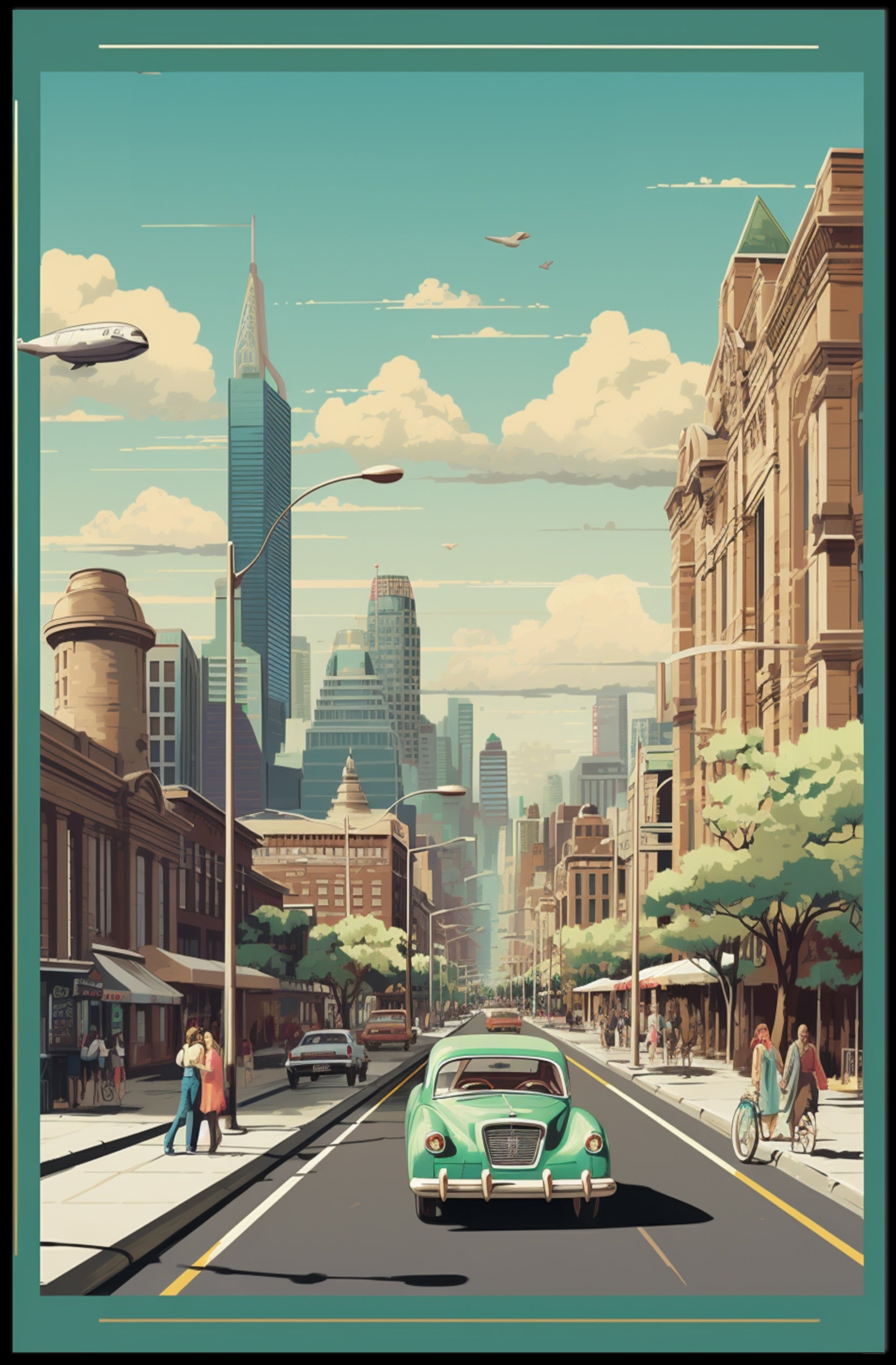 Retro-Futuristic Cityscape with Classic Car Urban Poster PosterGoat
