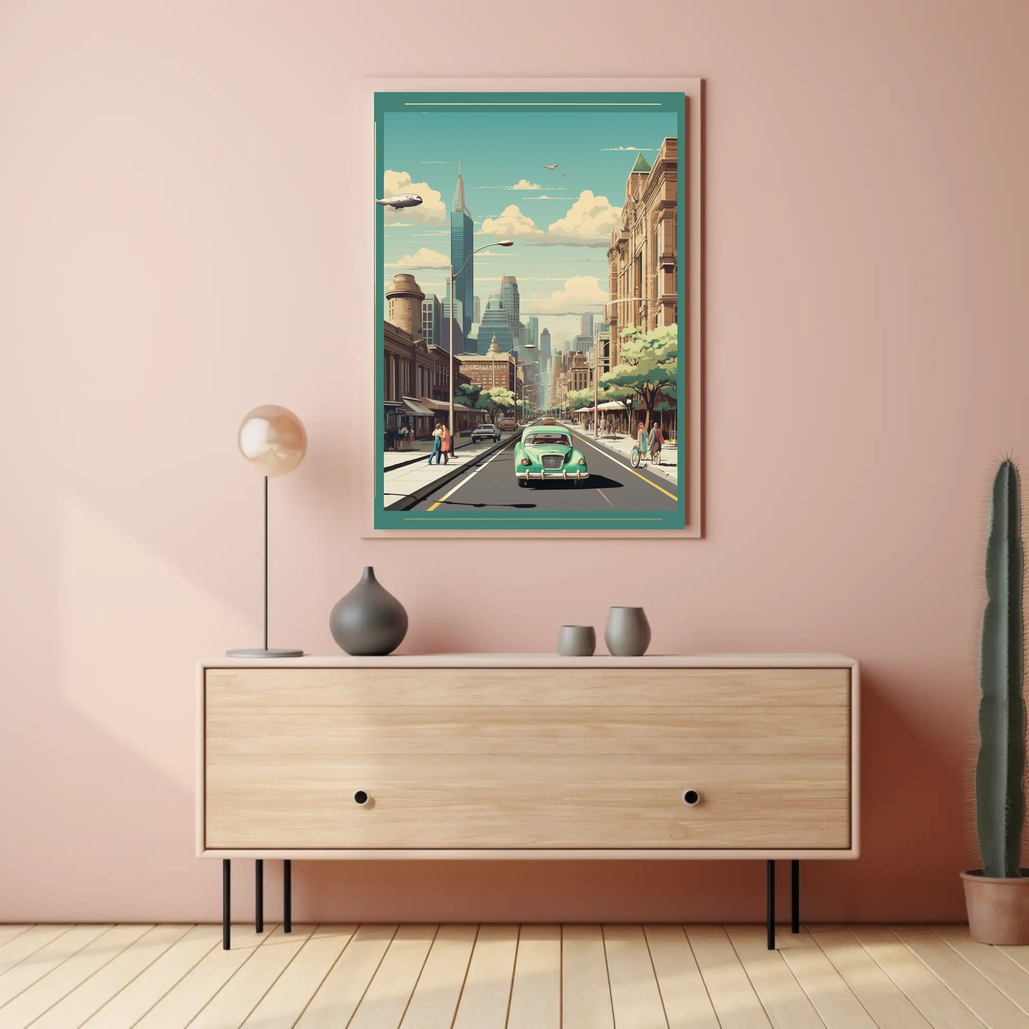 Retro-Futuristic Cityscape with Classic Car Urban Poster PosterGoat