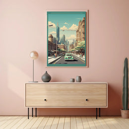 Retro-Futuristic Cityscape with Classic Car Urban Poster PosterGoat