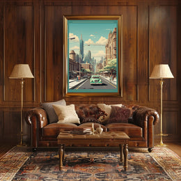 Retro-Futuristic Cityscape with Classic Car Urban Poster PosterGoat
