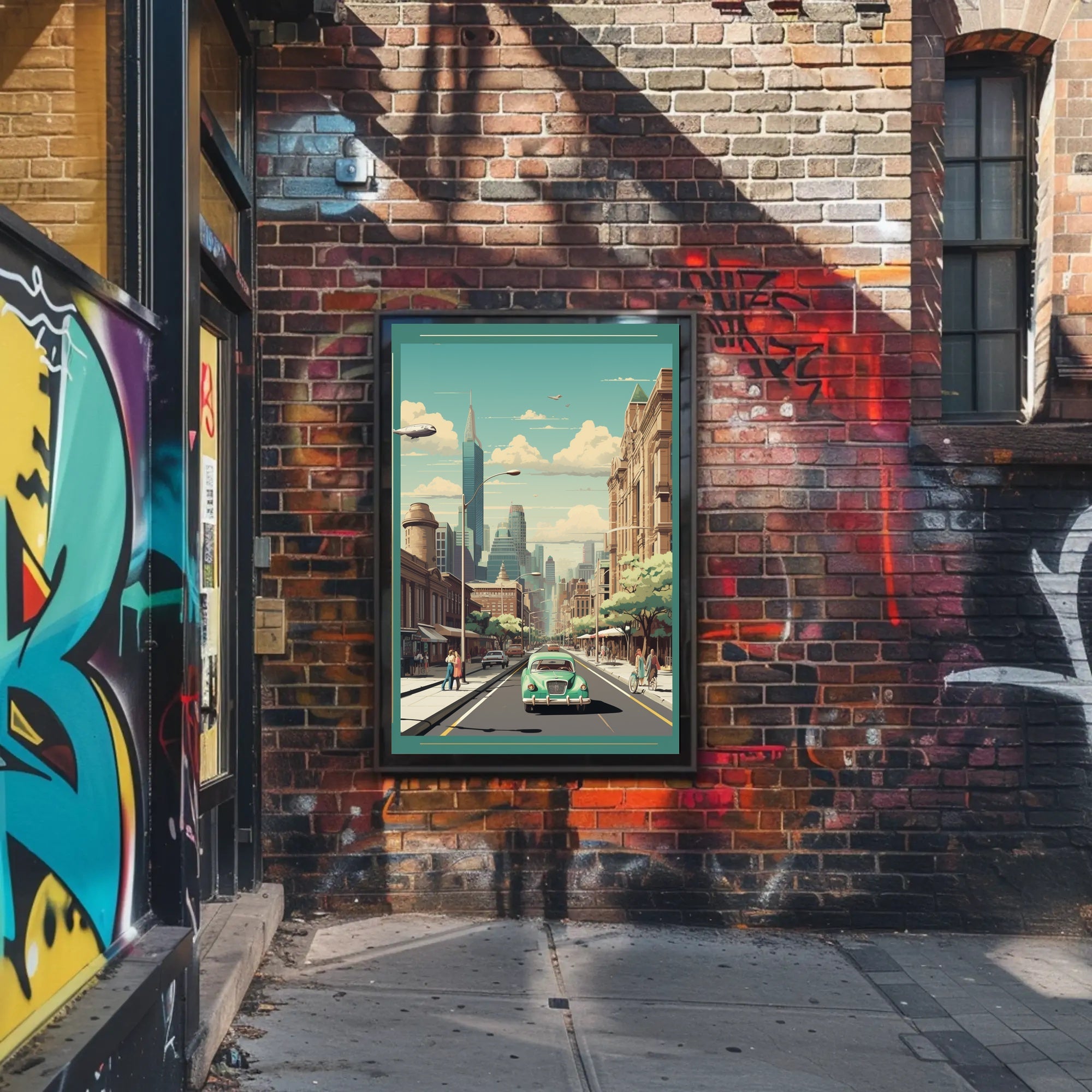 Retro-Futuristic Cityscape with Classic Car Urban Poster PosterGoat