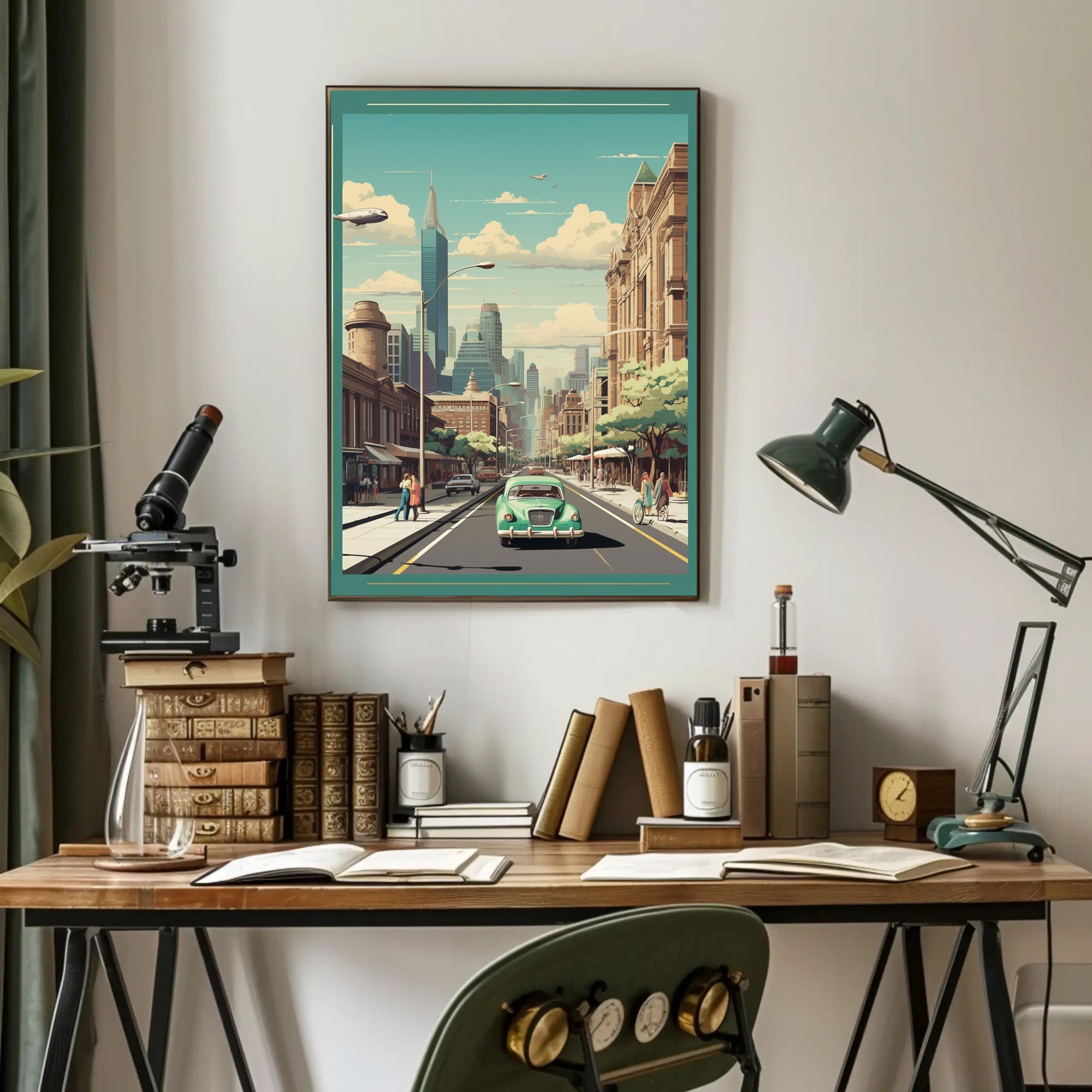 Retro-Futuristic Cityscape with Classic Car Urban Poster PosterGoat