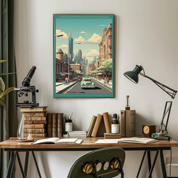 Retro-Futuristic Cityscape with Classic Car Urban Poster PosterGoat