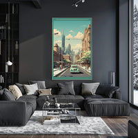 Retro-Futuristic Cityscape with Classic Car Urban Poster PosterGoat