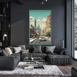 Retro-Futuristic Cityscape with Classic Car Urban Poster PosterGoat