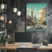 Retro-Futuristic Cityscape with Classic Car Urban Poster PosterGoat