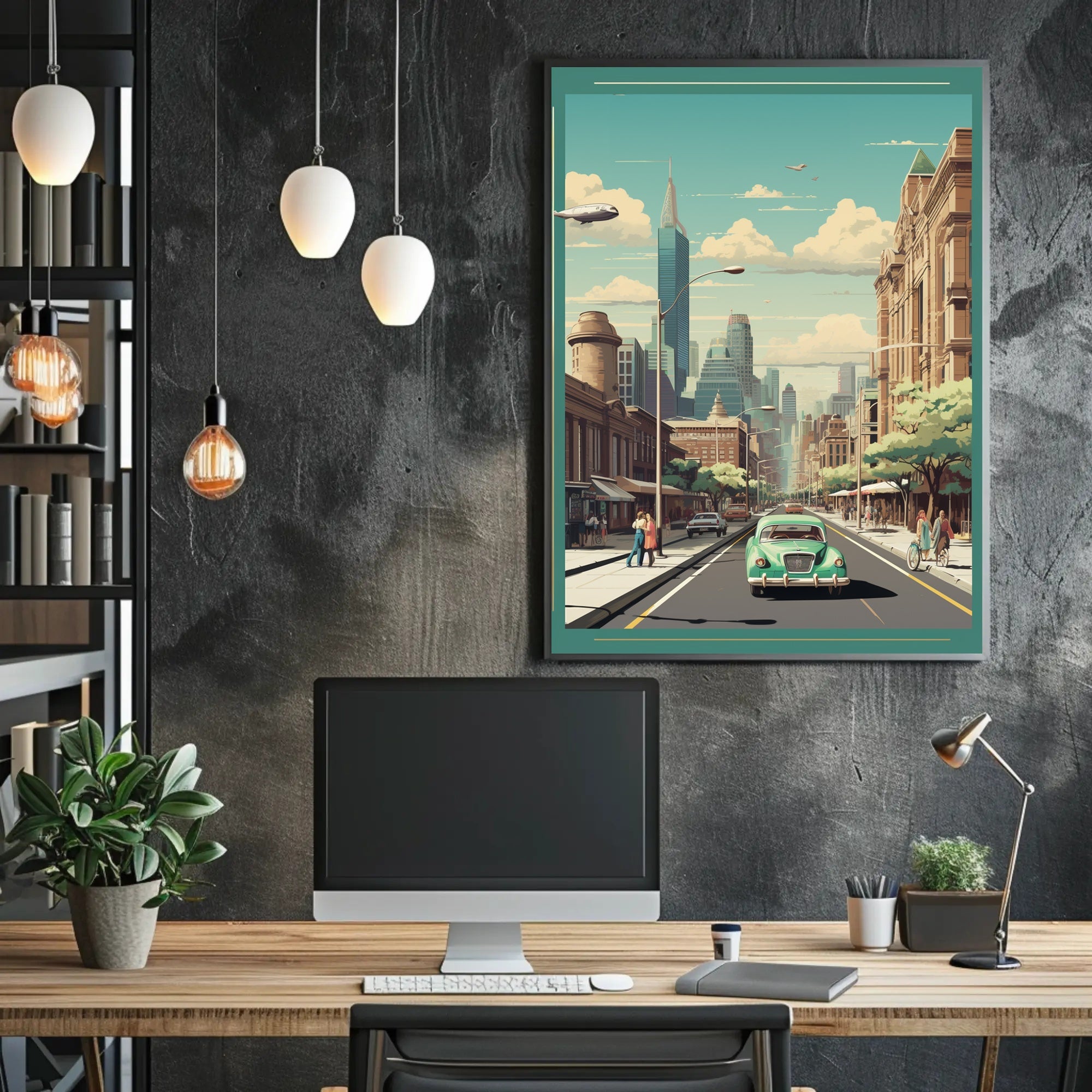 Retro-Futuristic Cityscape with Classic Car Urban Poster PosterGoat