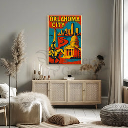 Retro Oklahoma City Cowboy Skyline Cultural Heritage Poster PosterGoat