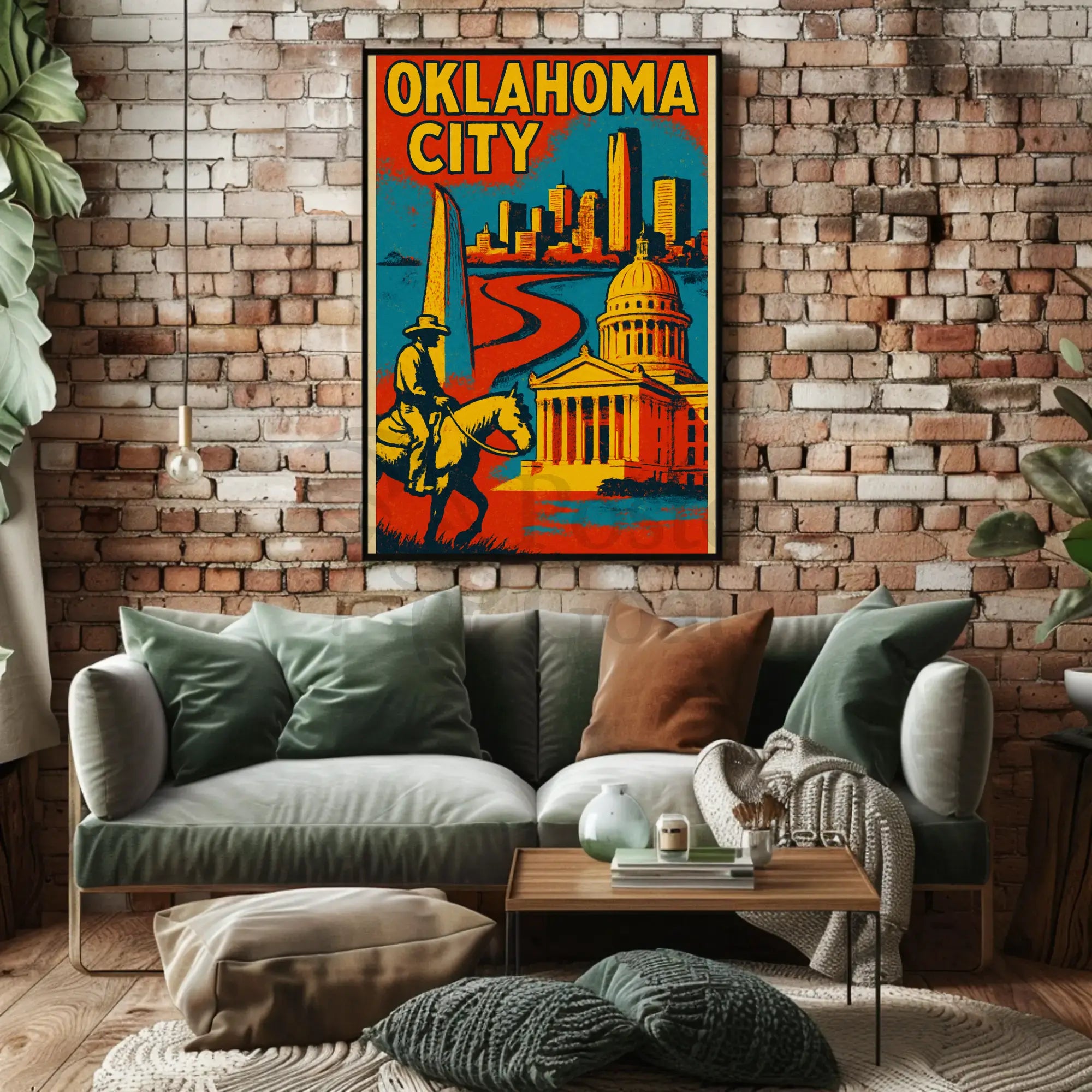 Retro Oklahoma City Cowboy Skyline Cultural Heritage Poster PosterGoat