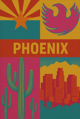 Retro Phoenix Cityscape with Cactus Travel Poster PosterGoat