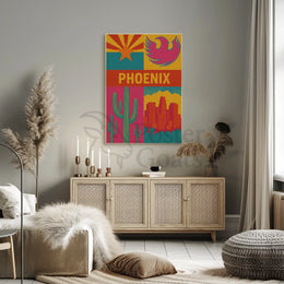 Retro Phoenix Cityscape with Cactus Travel Poster PosterGoat