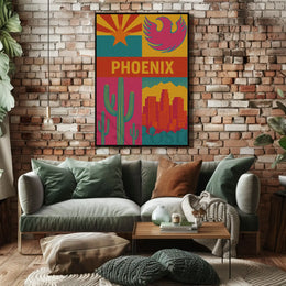 Retro Phoenix Cityscape with Cactus Travel Poster PosterGoat