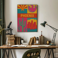 Retro Phoenix Cityscape with Cactus Travel Poster PosterGoat