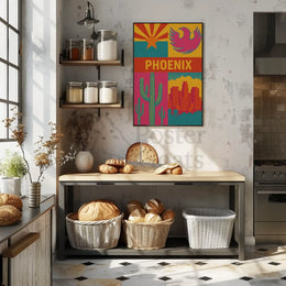 Retro Phoenix Cityscape with Cactus Travel Poster PosterGoat