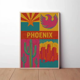 Retro Phoenix Cityscape with Cactus Travel Poster PosterGoat