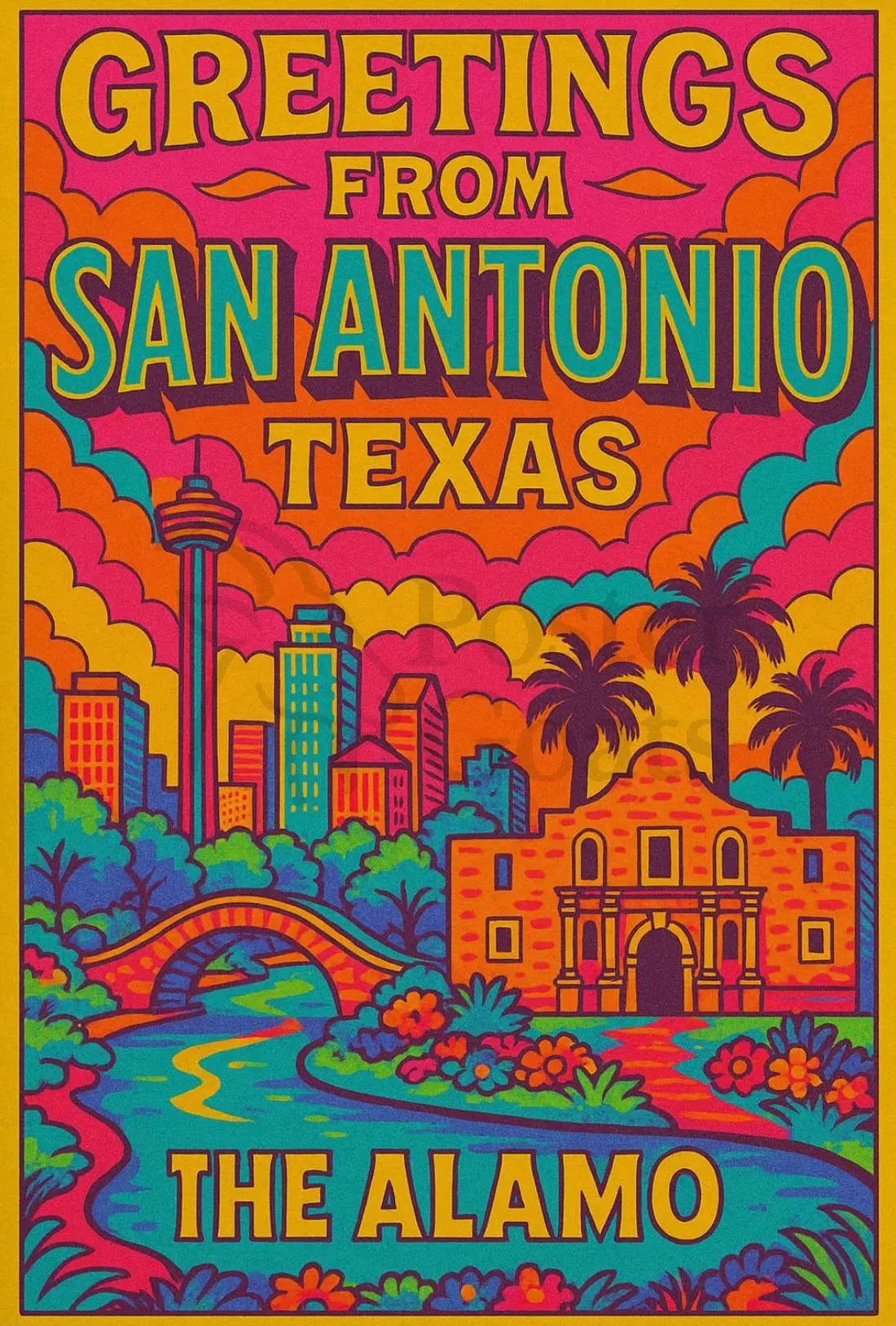 Retro San Antonio Cityscape Greetings Travel Poster PosterGoat