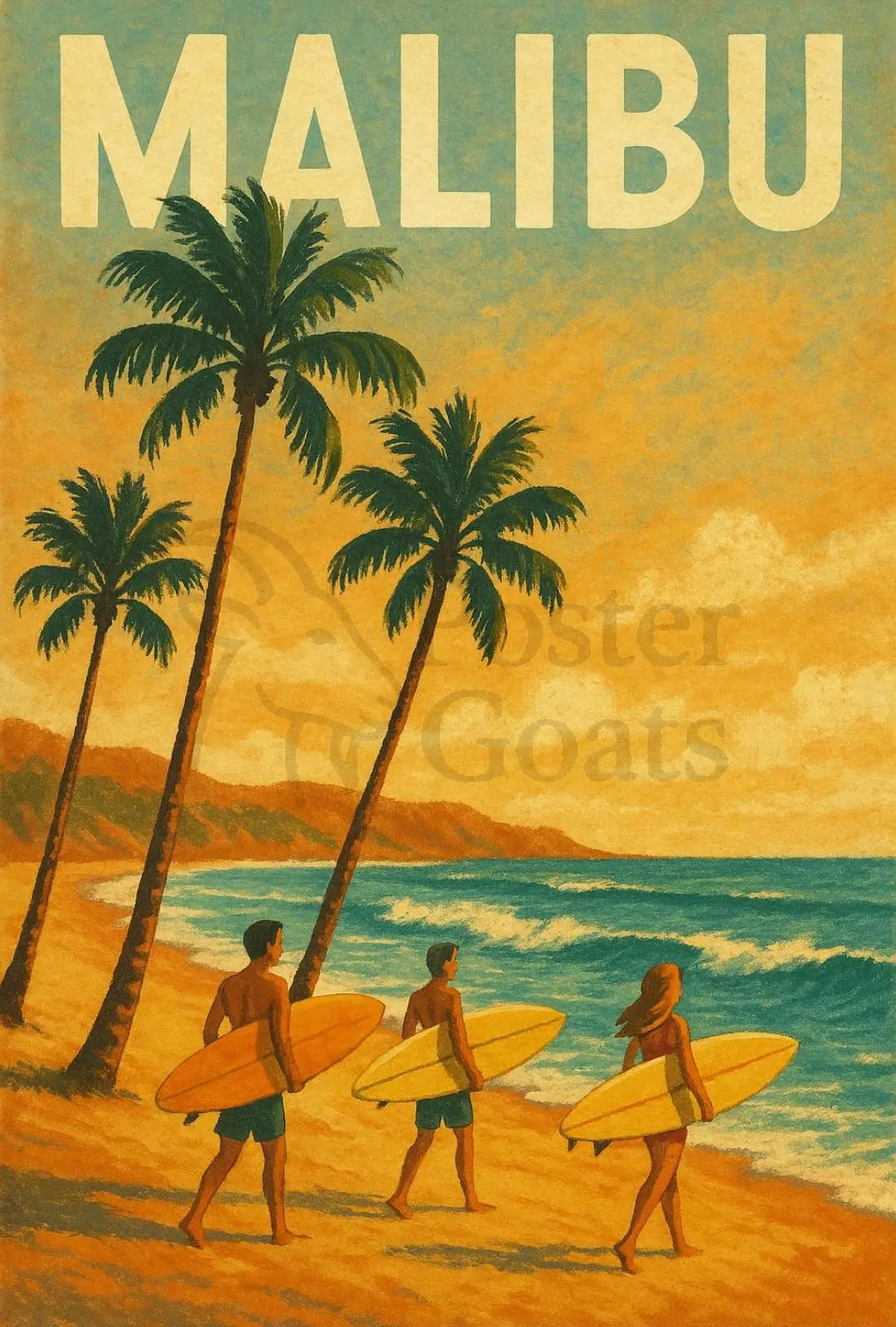 Retro Surfing Adventure in Malibu Travel Poster PosterGoat