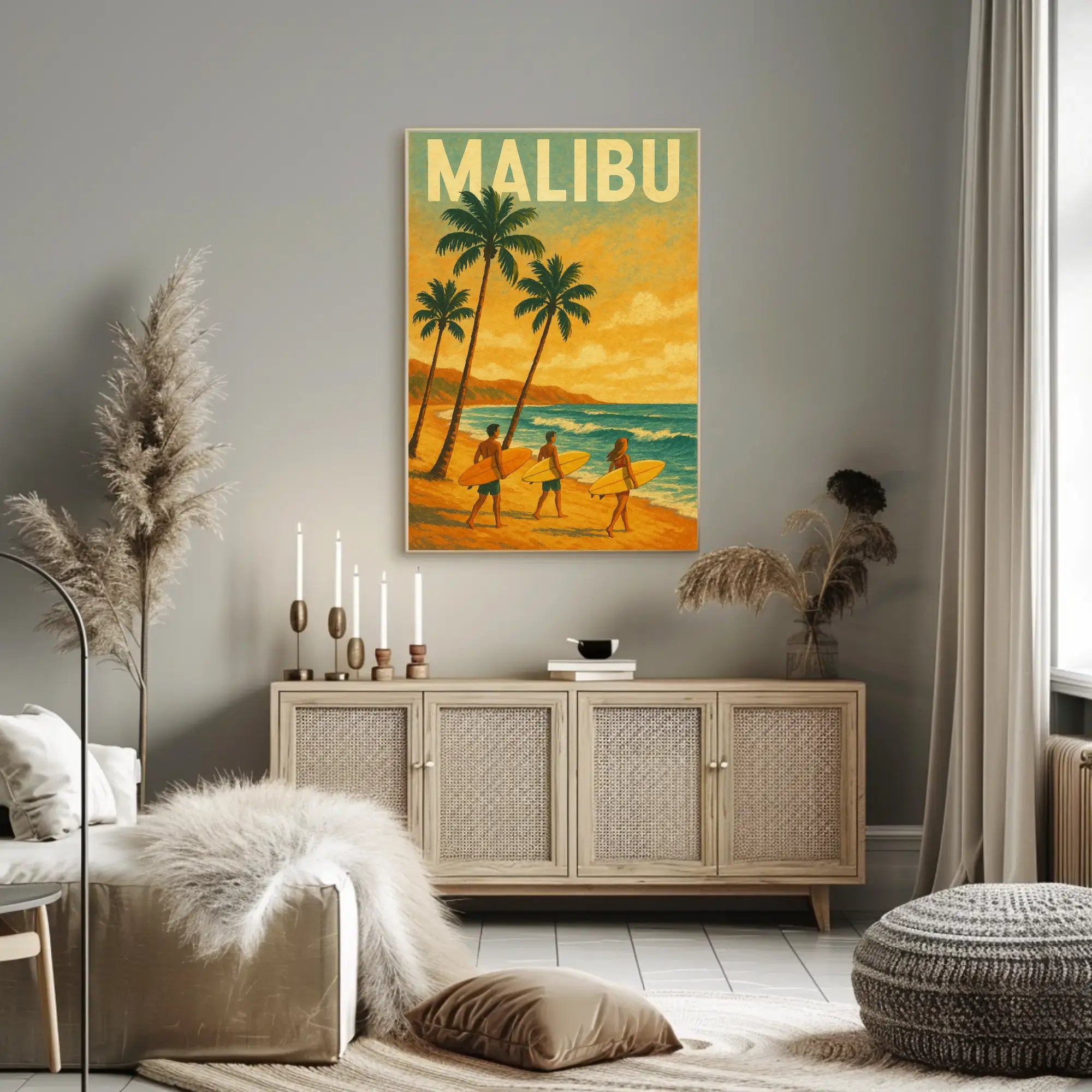 Retro Surfing Adventure in Malibu Travel Poster PosterGoat