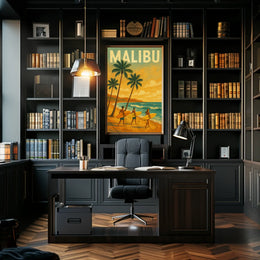 Retro Surfing Adventure in Malibu Travel Poster PosterGoat