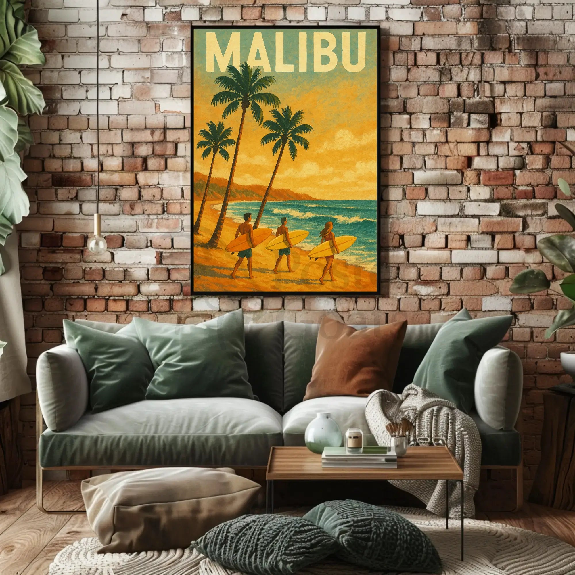 Retro Surfing Adventure in Malibu Travel Poster PosterGoat