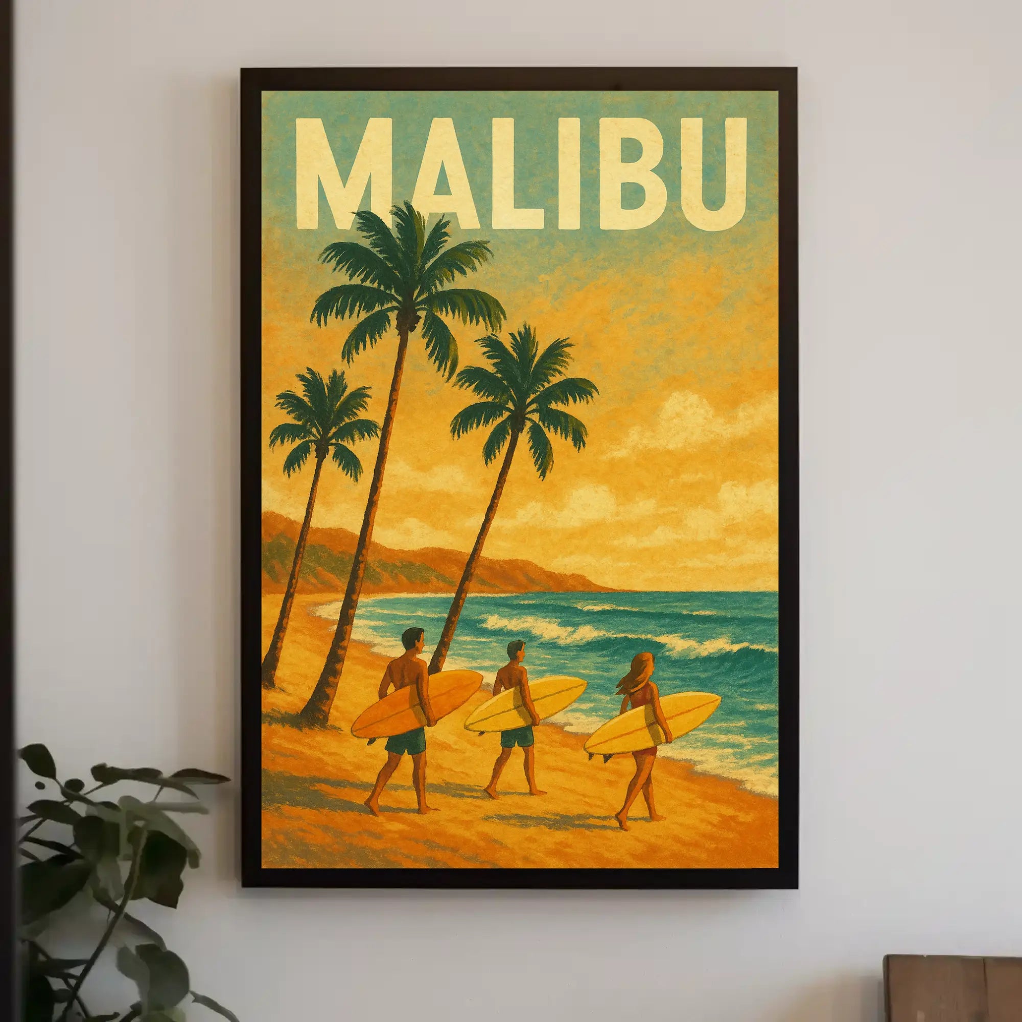 Retro Surfing Adventure in Malibu Travel Poster PosterGoat