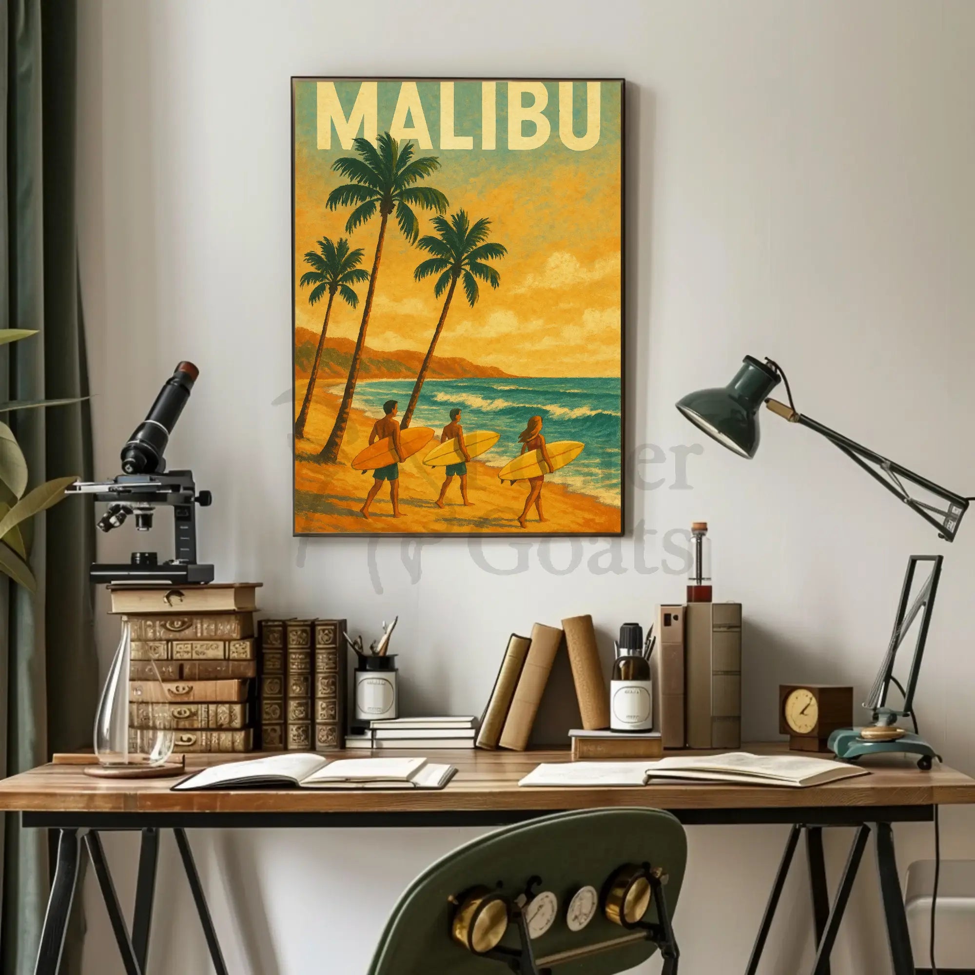 Retro Surfing Adventure in Malibu Travel Poster PosterGoat