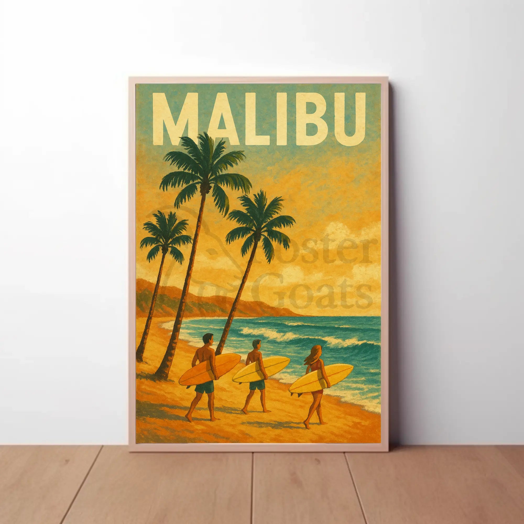 Retro Surfing Adventure in Malibu Travel Poster PosterGoat