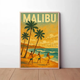 Retro Surfing Adventure in Malibu Travel Poster PosterGoat