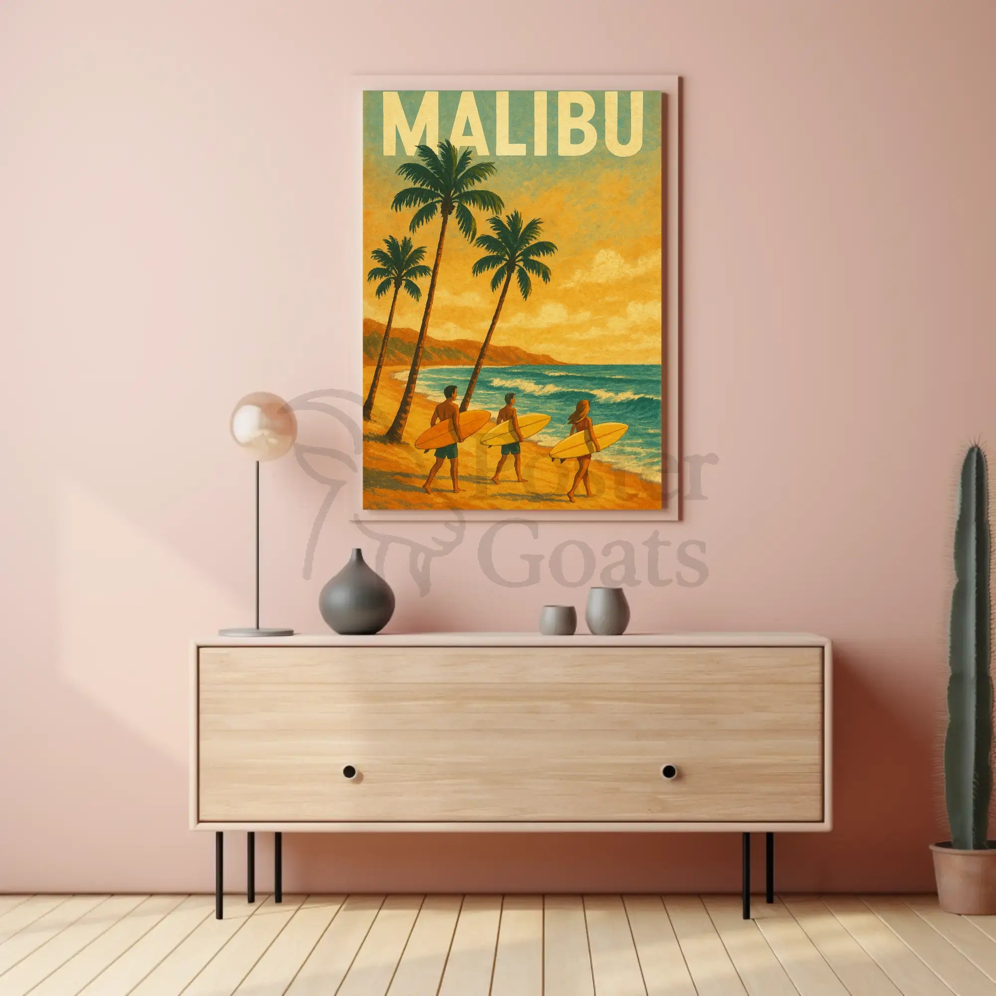 Retro Surfing Adventure in Malibu Travel Poster PosterGoat
