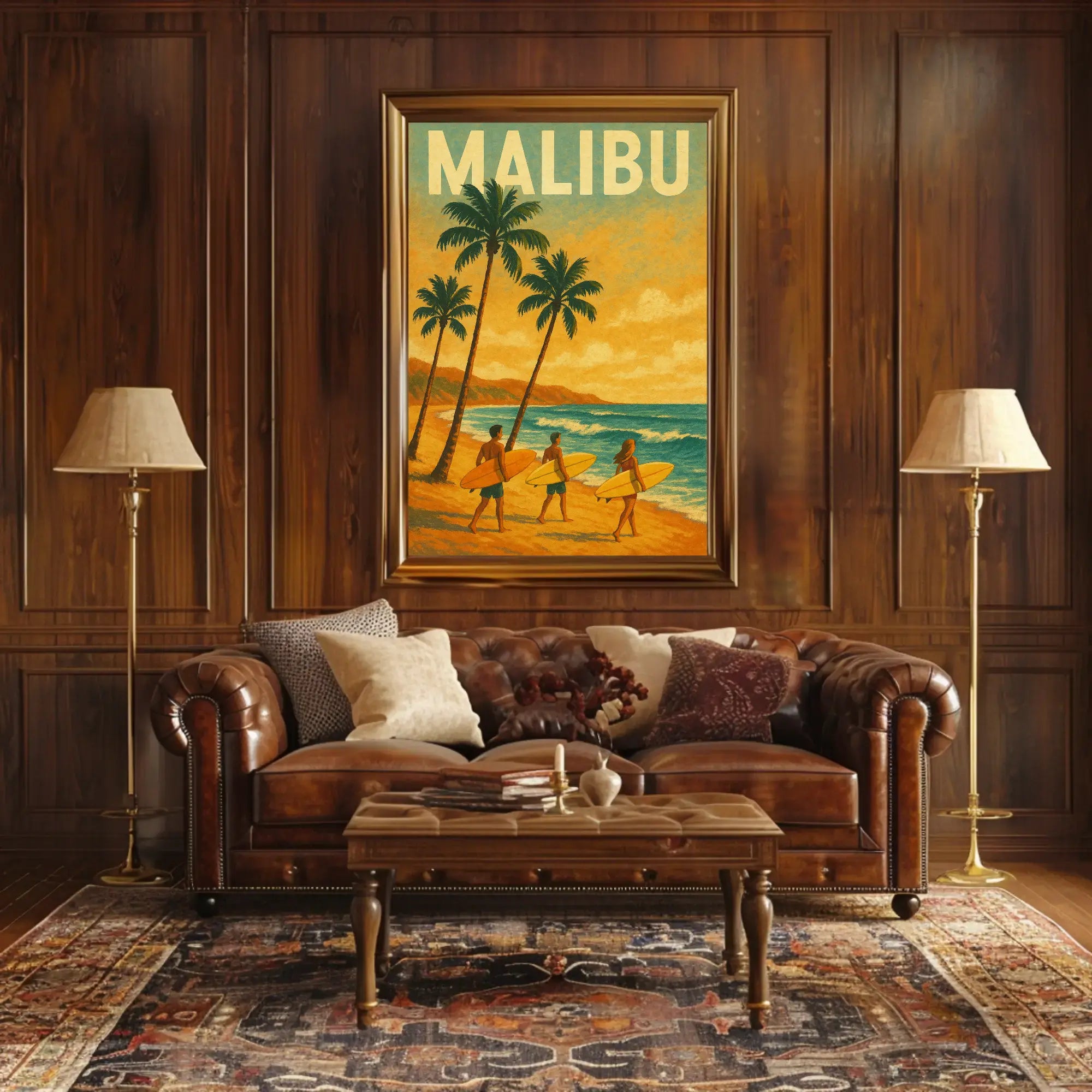 Retro Surfing Adventure in Malibu Travel Poster PosterGoat