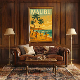 Retro Surfing Adventure in Malibu Travel Poster PosterGoat