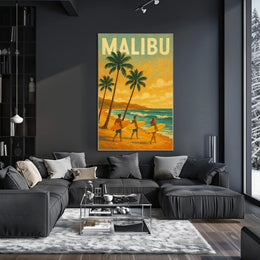 Retro Surfing Adventure in Malibu Travel Poster PosterGoat