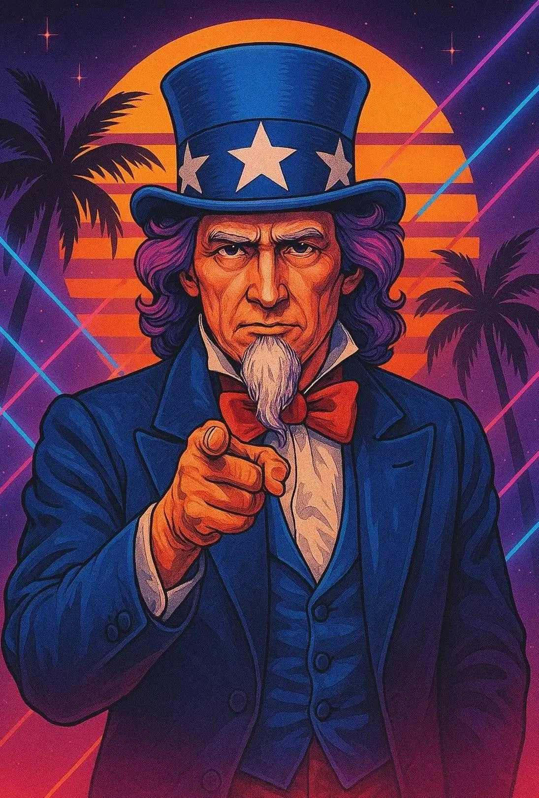 Retro Uncle Sam Poster with Neon Beach Vibes - Abstract, Artistic, or Pop Culture Poster PosterGoat