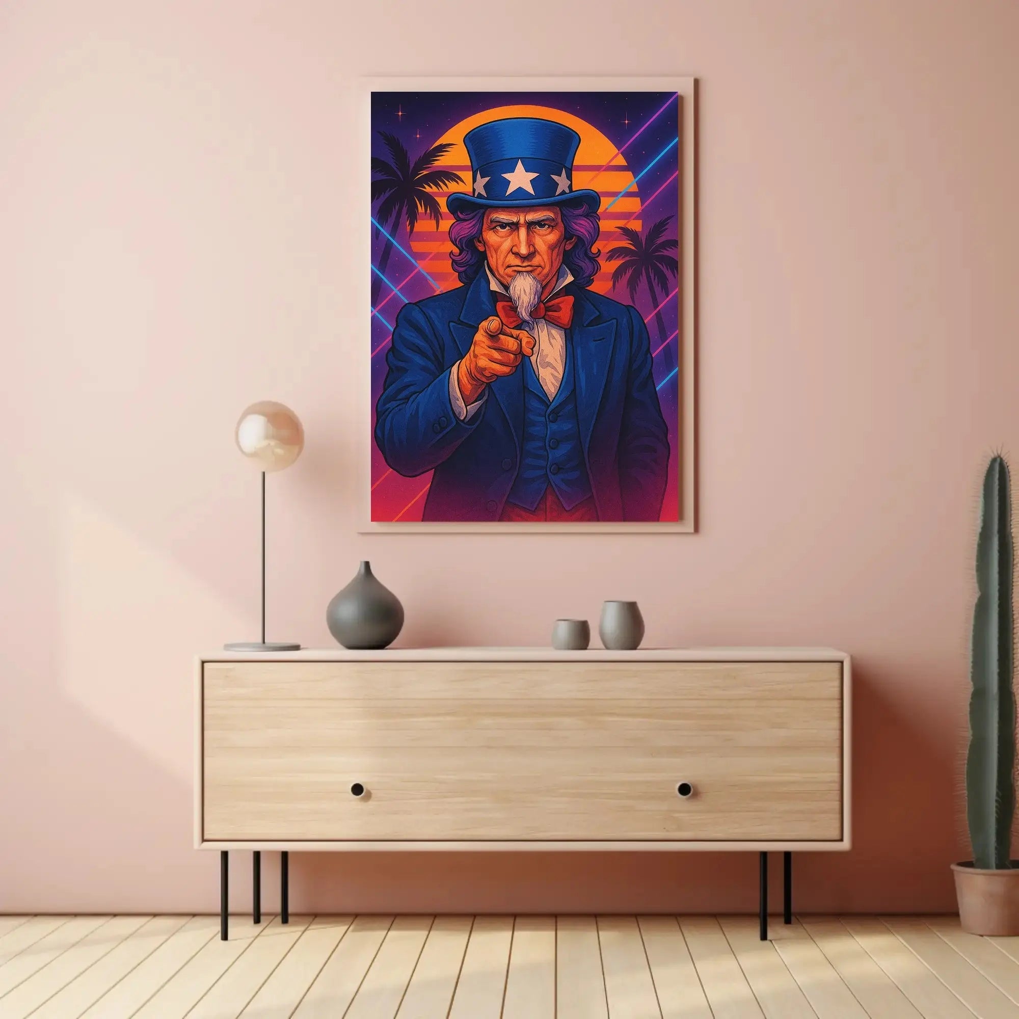 Retro Uncle Sam Poster with Neon Beach Vibes - Abstract, Artistic, or Pop Culture Poster PosterGoat