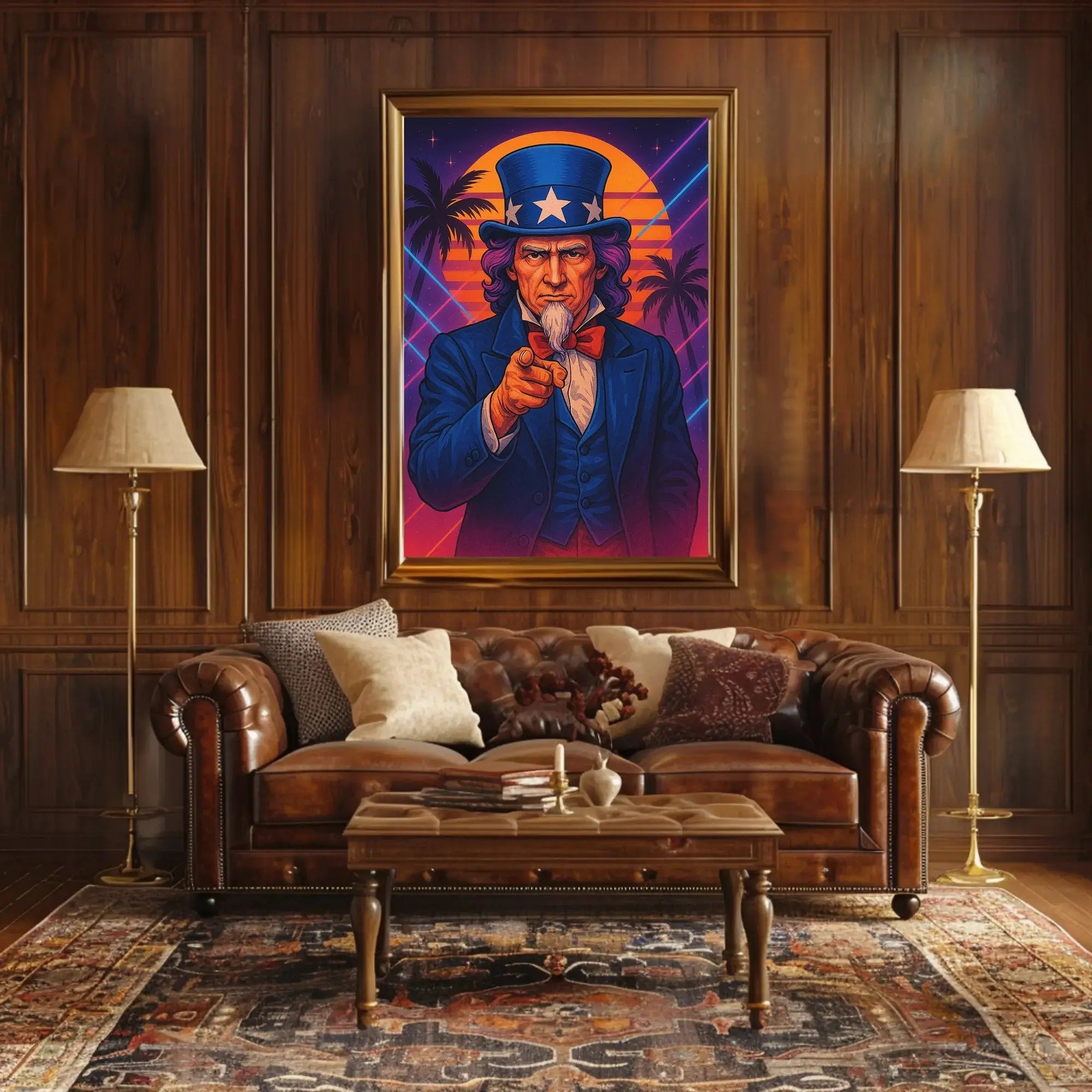 Retro Uncle Sam Poster with Neon Beach Vibes - Abstract, Artistic, or Pop Culture Poster PosterGoat