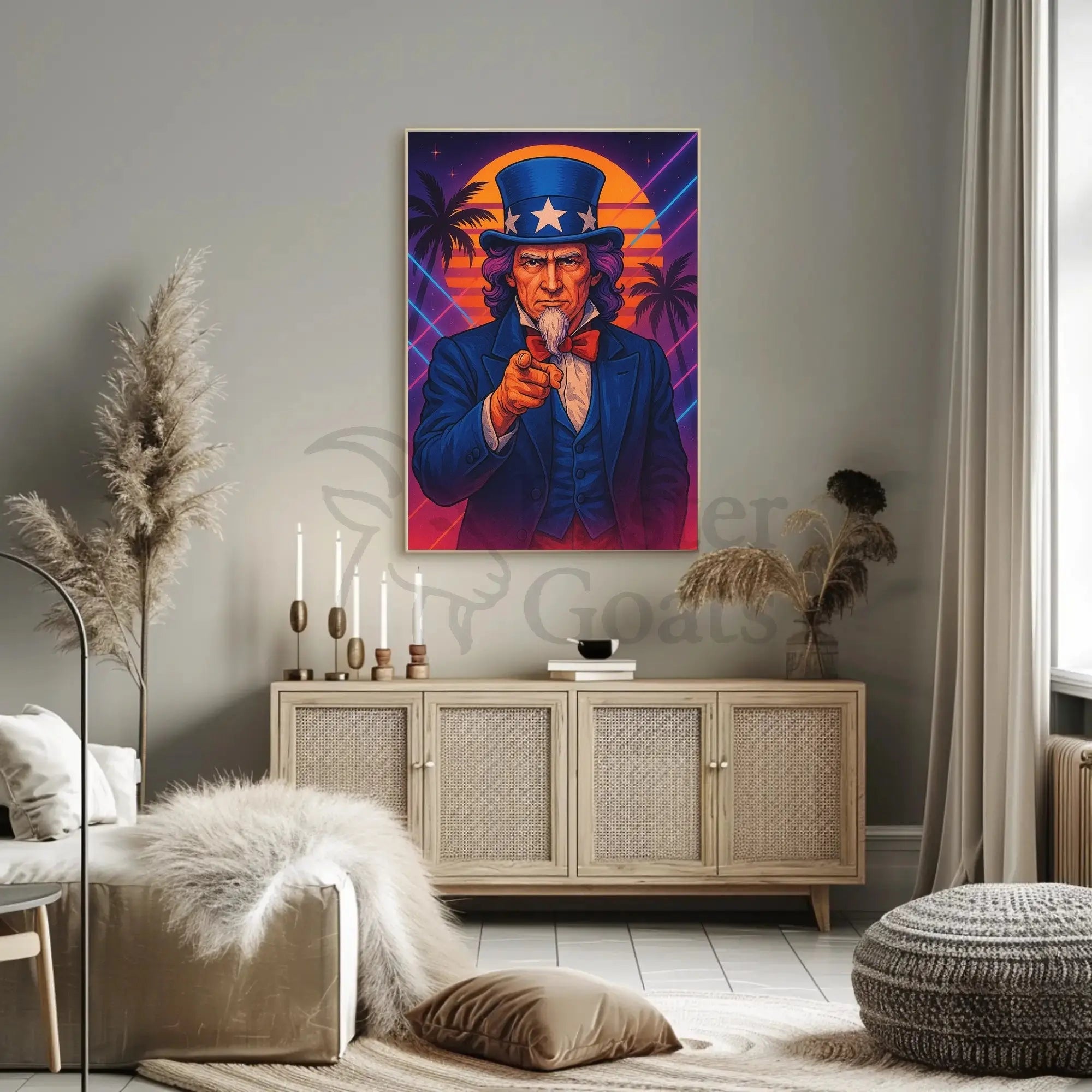 Retro Uncle Sam Poster with Neon Beach Vibes - Abstract, Artistic, or Pop Culture Poster PosterGoat