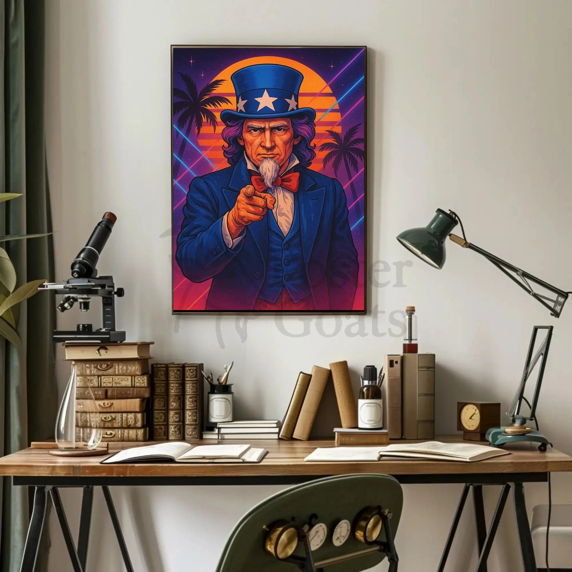 Retro Uncle Sam Poster with Neon Beach Vibes - Abstract, Artistic, or Pop Culture Poster PosterGoat
