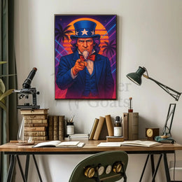 Retro Uncle Sam Poster with Neon Beach Vibes - Abstract, Artistic, or Pop Culture Poster PosterGoat